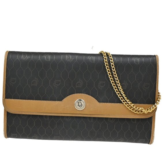 CHRISTIAN DIOR Logos Honeycomb Chain Shoulder Bag PVC Leather Brown Gold 69EF575 - Picture 1 of 13